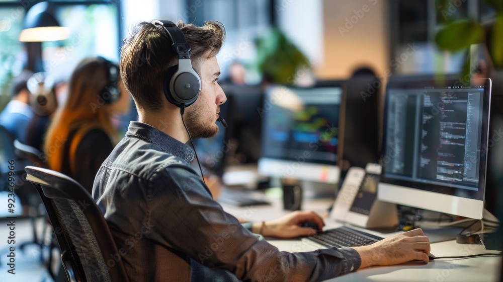 Poster an individual at a desk focused on computer coding, wearing large headphones in a modern, open-plan 