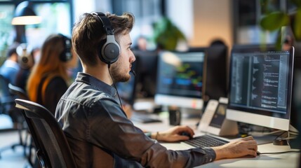 An individual at a desk focused on computer coding, wearing large headphones in a modern, open-plan office with other coworkers in the background.