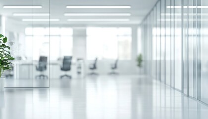Modern office interior with glass walls and green plants during daylight