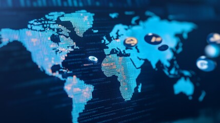 Colorful world map with digital elements, showcasing global connectivity and technological advancements in a modern design.