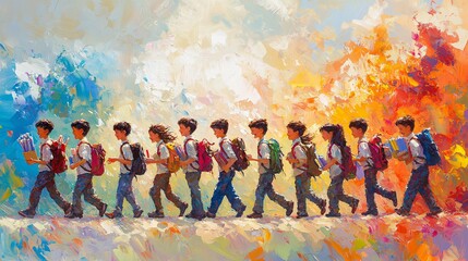 Obraz premium Joyful Children Embrace Back to School Spirit while Carrying Colorful Supplies Amid Laught