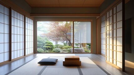 A serene interior view featuring traditional Japanese architecture, with a garden visible through large sliding glass doors.