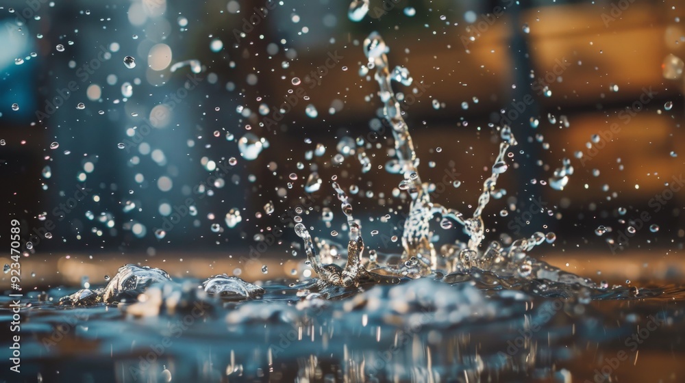 Poster a visually captivating scene of water droplets splashing dynamically, showcasing the beauty of water