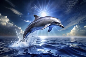 Fototapeta premium A shimmering silver dolphin leaps out of the dark blue ocean, surrounded by gentle ripples, in a mysterious yet serene underwater scene isolated on white.