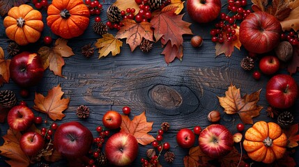 autumn frame border made of pumpkins dried fall leaves apples red berries walnuts on wooden background thanksgiving halloween autumn harvest concept flat lay composition top view copy space.