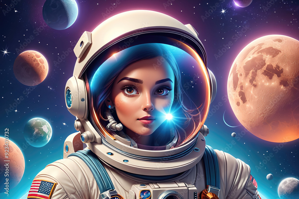 Wall mural astronaut exploring colorful outer space with planets and stars in the background
