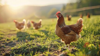 Fototapeta premium A hen stands prominently on green grass, while several other chickens peck and forage in the blurred background, bathed in warm sunlight.