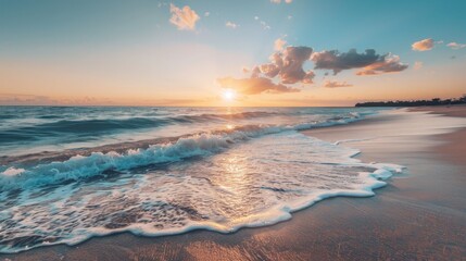 Gentle waves roll onto the shore, kissed by the golden light of a setting sun, painting the sky with hues of pink, orange, and blue, creating a serene beach scene.