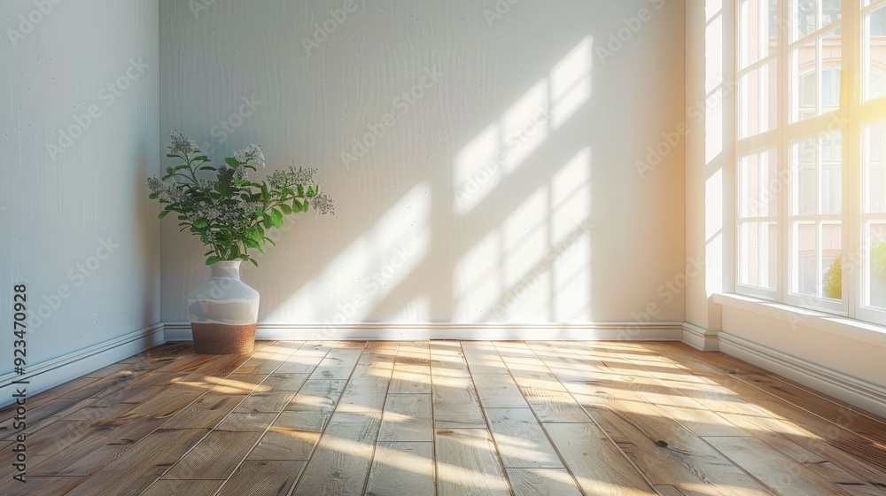 Poster an empty sunlit room featuring wooden floors, a large window casting light, and a vase of delicate f