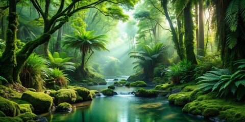 Emerald Forest Tranquility: Verdant greens, lush vegetation, calming atmosphere, serene mood