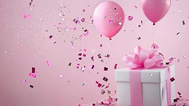 A beautifully wrapped gift box with a pink ribbon is adorned by floating balloons and confetti, creating a festive atmosphere for a special occasion.