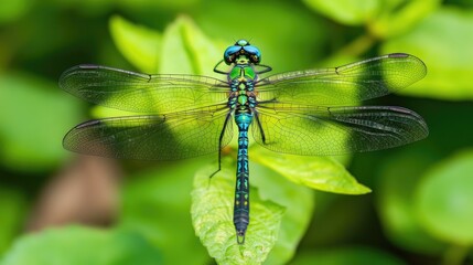 Bright green blue dragonfly with transparent wings isolated on plant background
