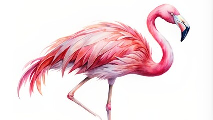 Fototapeta premium Vibrant pink flamingo stands alone on a pure white background, its feathers delicately brushstroked in soft watercolors, exuding serene elegance and subtle tropical charm.