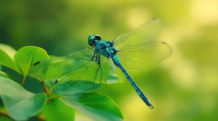 Bright green blue dragonfly with transparent wings isolated on plant background
