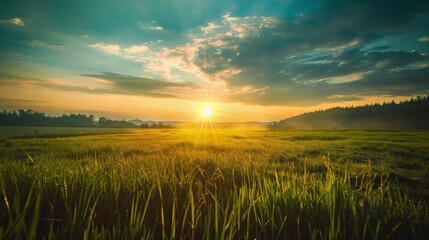 Fototapeta premium The sun rises over a vast, lush green field, creating a stunning and serene scene under a partly cloudy sky, emitting warm light and casting long shadows.