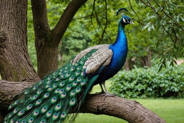 Obraz premium A real peacock sitting on a tree with an open feathers