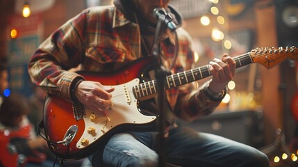 Obraz premium Man sitting play electric guitar on the outdoor concert