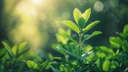 Obraz premium A vibrant green plant stands out among lush foliage, bathed in warm sunlight, symbolizing growth, vitality, and the beauty of nature in a serene garden setting.