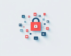 Illustration of a padlock surrounded by various digital icons representing online security and data protection.