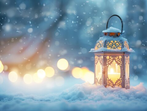 Snow-covered lantern glowing with warm light in a winter evening snowfall background