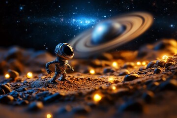 Fototapeta premium An alien standing on the surface of an exoplanet, with a distant galaxy visible in the sky, as it gazes at the stars with curiosity