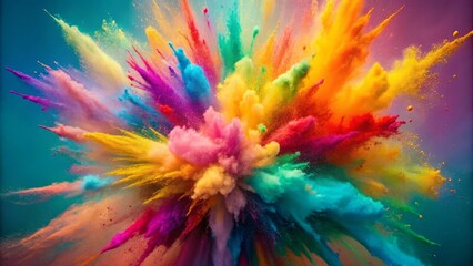 Vibrant colorful powders explosively disperse on pastel background, capturing dynamic motion, creating abstract textured design with mesmerizing patterns and isolated whitespace for creative freedom.