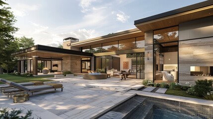Capture a luxury home exterior with a dramatic entryway, large sliding glass doors, and a contemporary outdoor living area with a fireplace.
