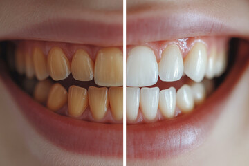 Close up of woman's teeth before and after whitening treatment. Dentistry and oral hygiene concept