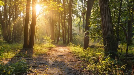 Fototapeta premium A sunlit path winds through a forest with tall trees and vibrant green leaves. The morning sunlight filters through the canopy, creating a peaceful and inviting atmosphere perfect for a walk.