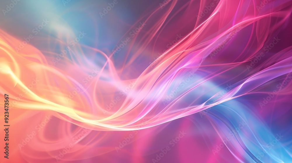 Poster An abstract image showcasing colorful flowing waves with a smooth texture, blending hues of pink, blue, and orange to create a visually soothing and dynamic effect.