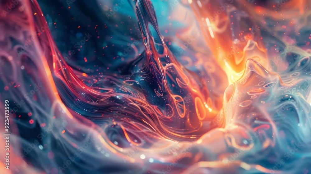 Poster A dynamic and vibrant abstract image illustrating fluid swirls filled with an array of colors such as orange, blue, and red, creating a sense of movement and energy.