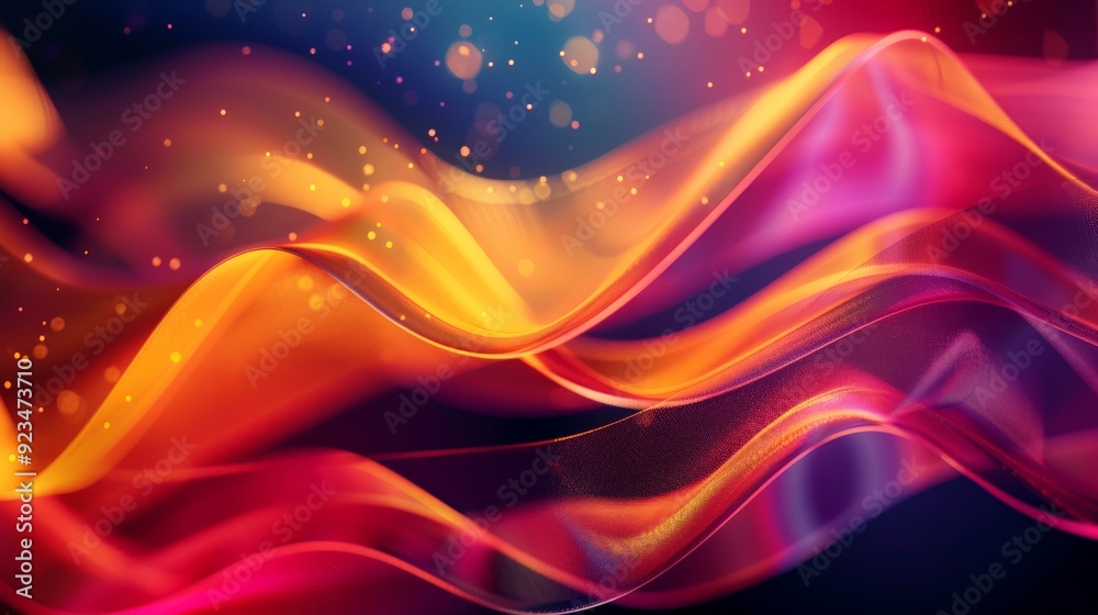 Poster energetic and visually stimulating ribbons flow across the image in shades of pink, orange, and red,