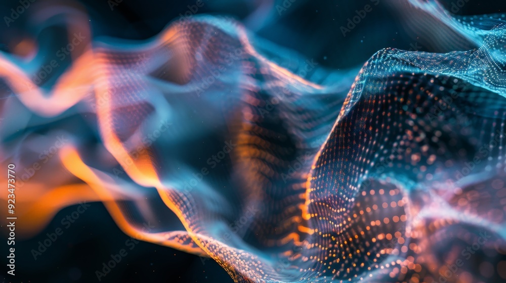 Poster abstract image showcasing futuristic digital waves combined with glowing orange and blue dots, repre