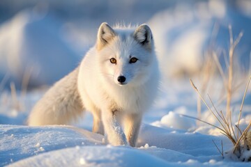 Obraz premium A solitary Arctic fox, blending into the snow-covered winter tundra, strides purposefully forward, its fur camouflaged, eyes fixed intently on unseen prey in the distance.