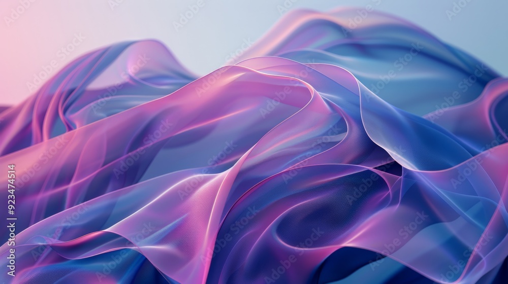 Poster an elegant digital creation showcasing delicate sheer fabric-like forms in soothing pink and blue sh