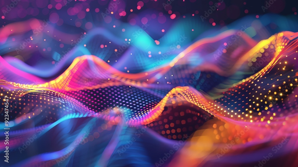 Poster A vivid digital artwork featuring a pattern of multicolored waves interspersed with floating dots creating a dynamic and lively abstract design filled with energy.