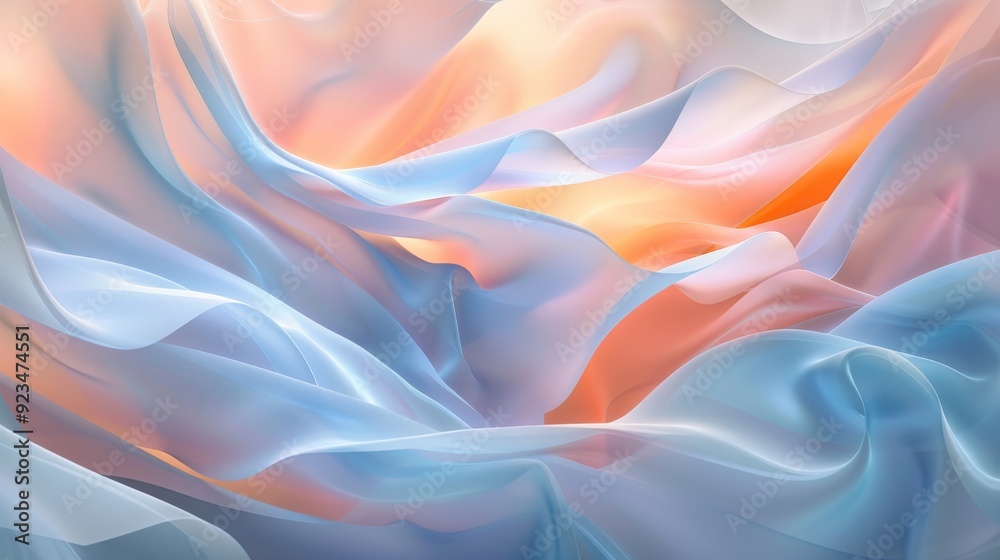 Poster a soothing digital artwork depicting soft pastel-colored fabric-like folds creating gentle waves in 