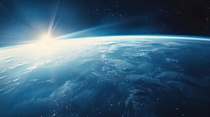 Obraz premium Capture a scene of the horizon during a space mission, with the edge appearing as a delicate line of light against the void of space.