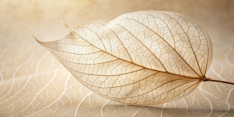 Delicate beige transparent leaves with intricate veins and natural texture serve as a serene background, featuring abstract flower petals in a neutral-toned botanical design.
