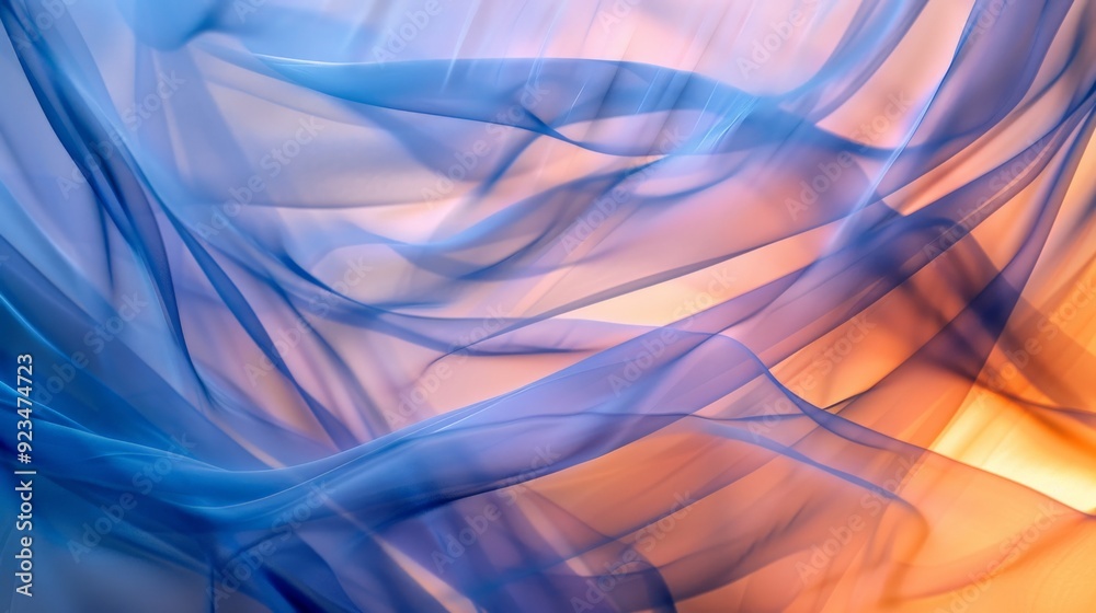 Poster An abstract image with soft blue and orange waves, seamlessly blending to create a dreamy and serene atmosphere, evoking a sense of calmness and fluid motion.