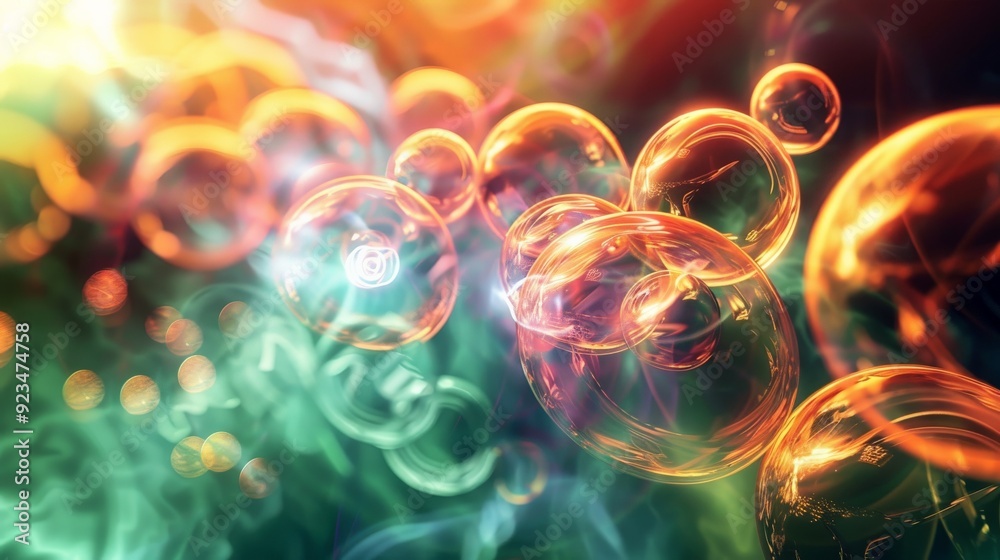 Poster a vibrant, colorful composition featuring abstract orbs and swirling, luminous patterns, evoking a s