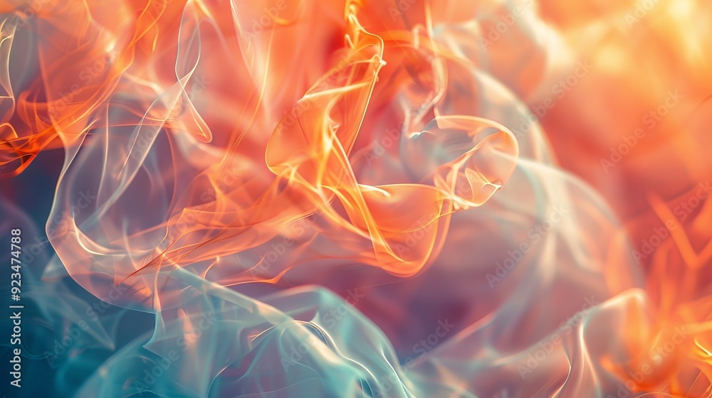 Poster An expressive abstract image featuring fluid, smoky patterns in orange and blue, creating a dynamic, mesmerizing composition that evokes warmth and coolness.