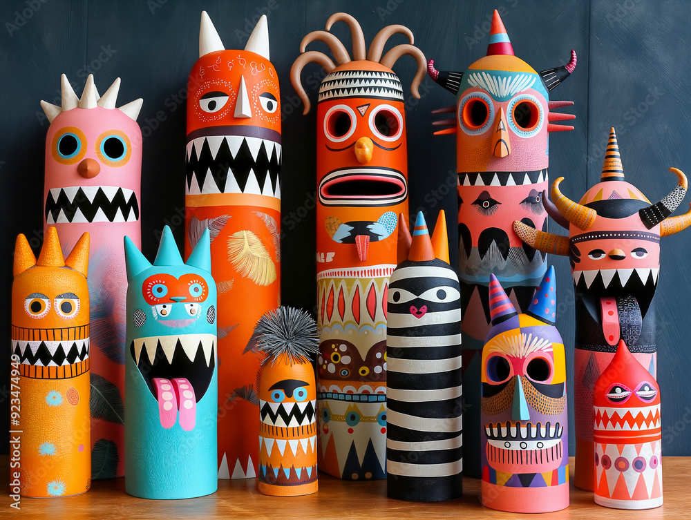 Wall mural A row of colorful, painted, and carved wooden figurines of various monsters. Scene is playful and whimsical, as the figurines are all unique and creative in their designs