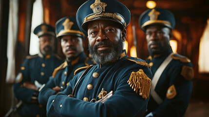 Group of four men dressed in historical military uniforms with elaborate decorations, standing confidently in a dark indoor setting with ambient lighting.