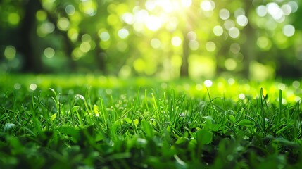 Obraz premium Sunbeams filter through the trees, illuminating the vibrant green grass blades in the foreground, creating a serene and refreshing nature scene perfect for relaxation.