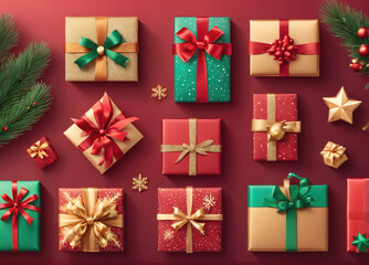 Colorful Wrapped Christmas Gifts Arranged on Red Background With Pine Branches and Ornaments