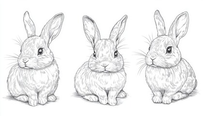 Three different rabbit illustrations with distinct poses and features on a blank background