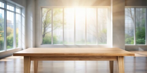 Fototapeta premium Minimalist wooden table stands isolated on a blurred white interior background, surrounded by subtle abstract shapes, with a large window casting natural light.