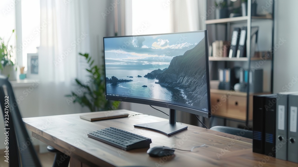 Poster capture a workspace with a desktop computer setup, focusing on a sleek monitor and an ergonomic keyb