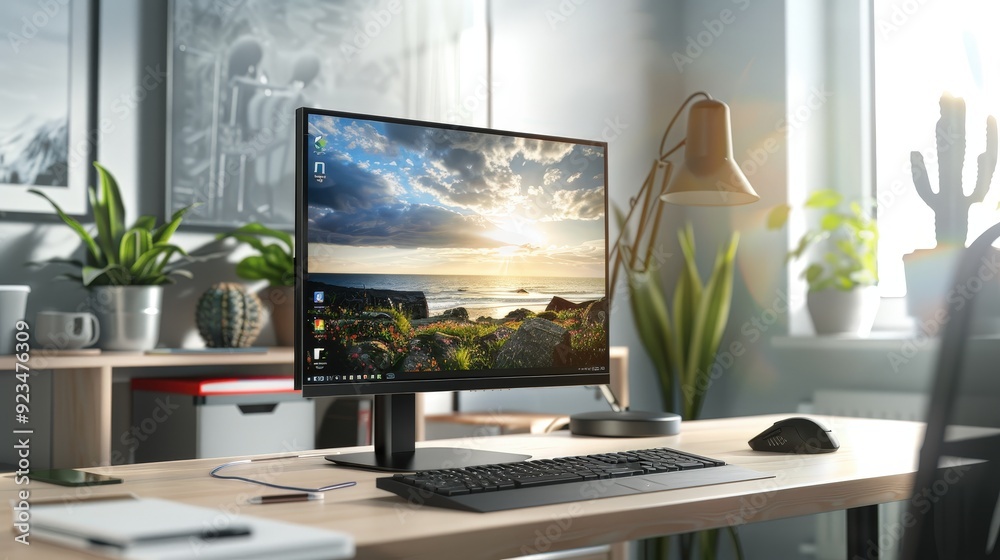 Poster capture a workspace with a high-end office computer, including a sleek monitor and a minimalistic ke